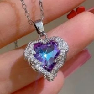 Purple blue heart pendant silver necklace